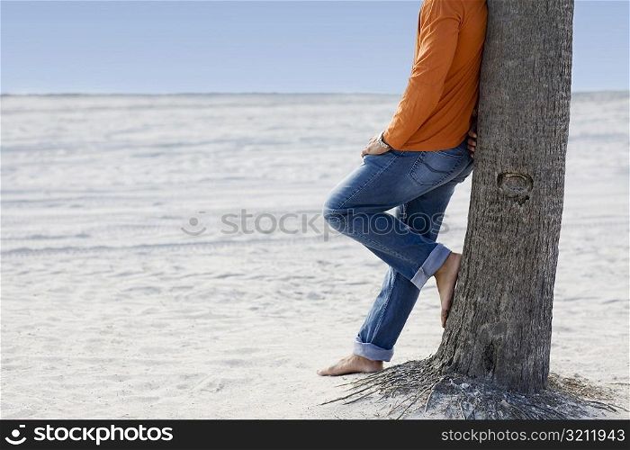 Low section view of a man leaning against a tree on the beach