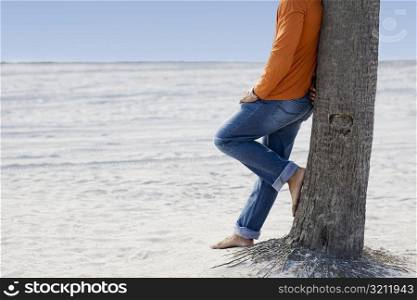 Low section view of a man leaning against a tree on the beach