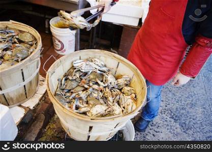 Low section view of a person standing beside a basket full of crabs