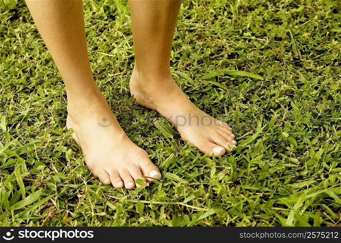 Low section view of a woman standing on the grass
