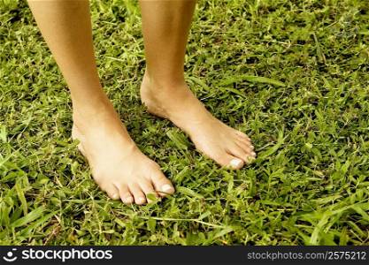Low section view of a woman standing on the grass