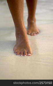 Low section view of a woman walking on the beach