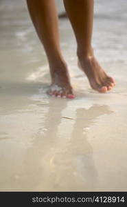 Low section view of a woman walking on the beach