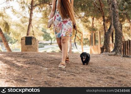 low section view woman walking with her dog park