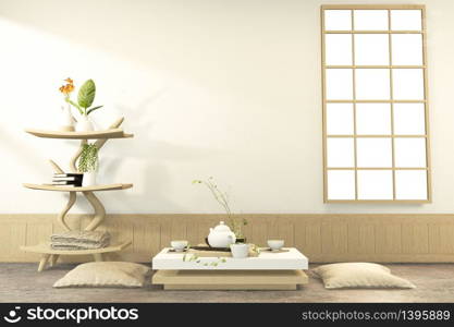 low table and pillow interior mock up Chinese style Room interior. 3D rendering