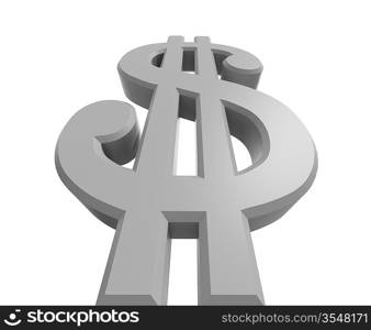 Low view of a rendered dollar sign looking up. Isolated on white