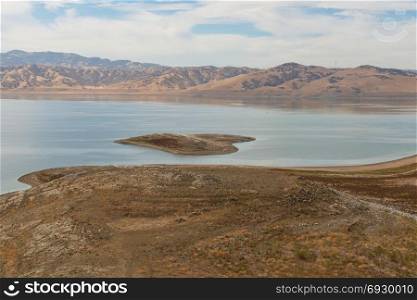 Low water level in San Luis Reservoir near Los Banos, California