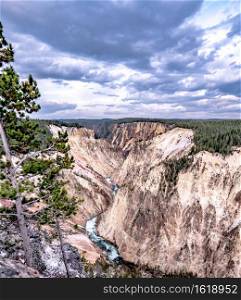 Lower falls of the yellowstone national park from artist point at sunset, wyoming in the usa