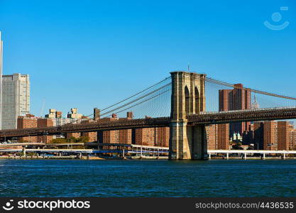 Lower Manhattan skyline and Brooklyn bridge in New York City