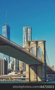 Lower Manhattan skyline and Brooklyn bridge in New York City