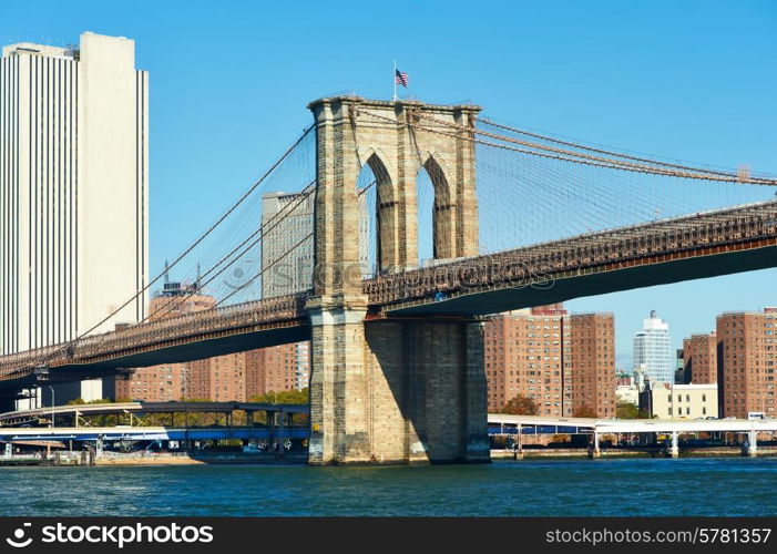 Lower Manhattan skyline and Brooklyn bridge in New York City