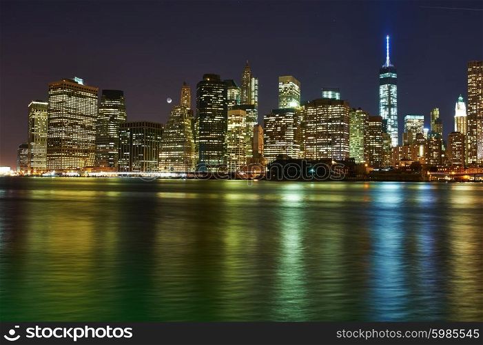 Lower Manhattan skyline in New York City at night