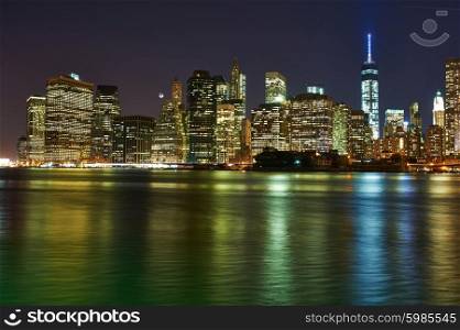 Lower Manhattan skyline in New York City at night