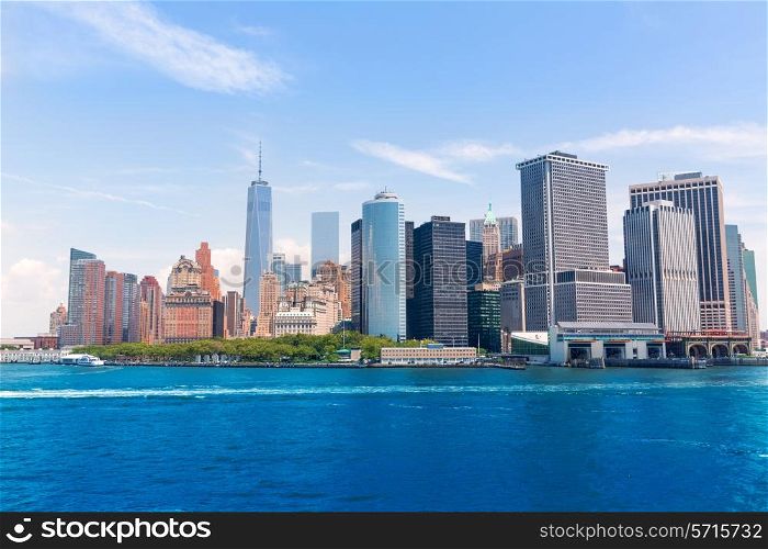 Lower Manhattan skyline New York City from bay NYC USA