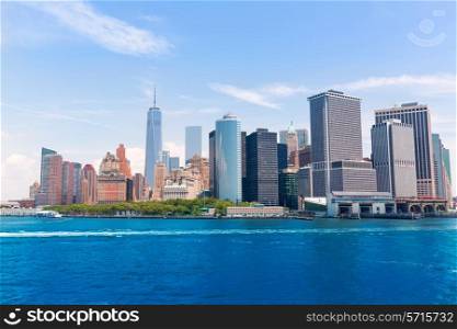 Lower Manhattan skyline New York City from bay NYC USA
