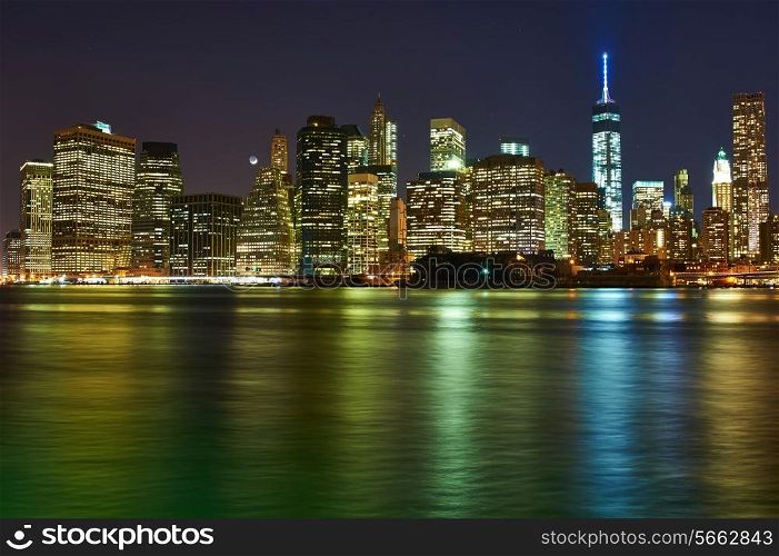 Lower Manhattan skyline view at night from Brooklyn in New York City