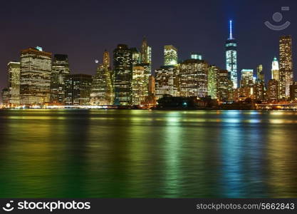 Lower Manhattan skyline view at night from Brooklyn in New York City