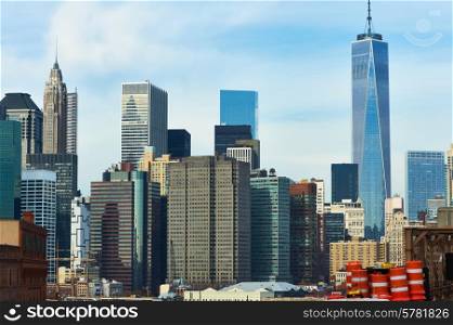 Lower Manhattan skyline view from Brooklyn bridge in New York City