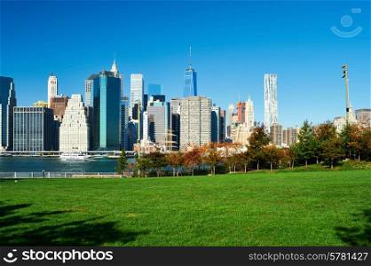 Lower Manhattan skyline view from Brooklyn Bridge Park in New York City