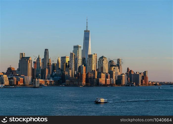 Lower Manhattan which is a apart of New york cityscape river side which can see One world trade center, USA, Taking from New Jersey