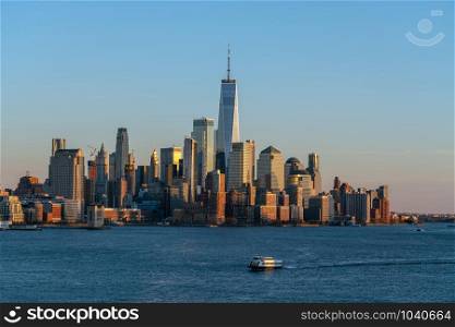 Lower Manhattan which is a apart of New york cityscape river side which can see One world trade center, USA, Taking from New Jersey
