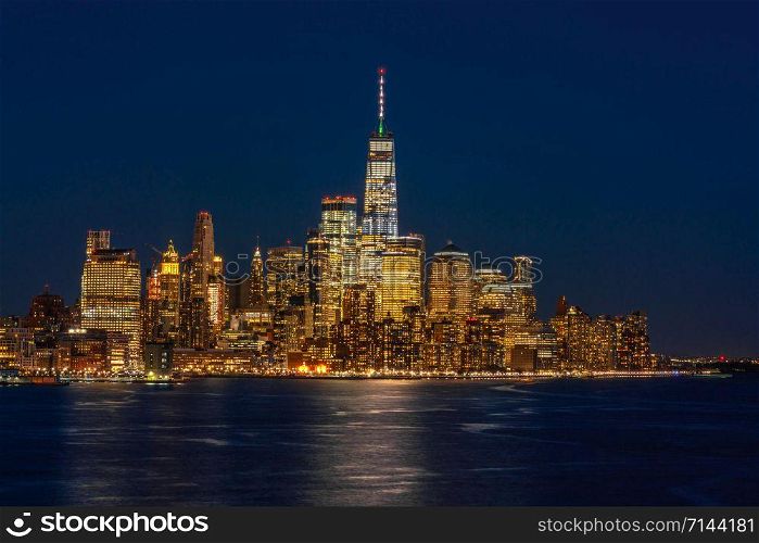 Lower Manhattan which is a apart of New york cityscape river side which can see One world trade center at twilight time, USA, Taking from New Jersey