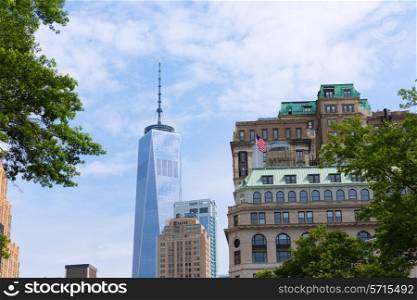 Lower Manhattan with new skyline Freedom Tower New York NYC US