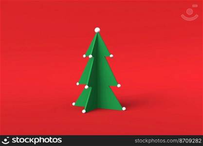 Lowpoly Christmas tree on red background. 3d illustration