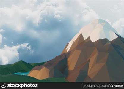 Lowpoly landscape Nature with mountains trees and clouds Sunset Background minimal animation 3d rendering