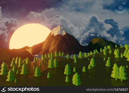 Lowpoly landscape Nature with mountains trees and clouds Sunset Background minimal animation 3d rendering