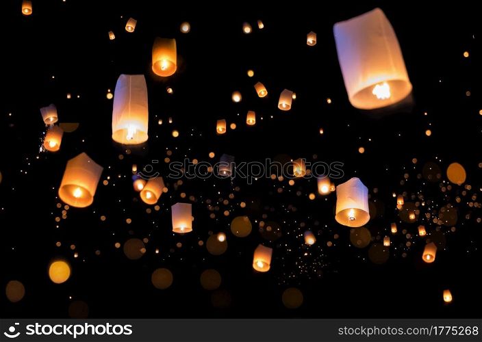 Loy krathong and Yi Peng Festival filled sky with lantern in Chiang Mai Thailand.. Yi Peng Festival