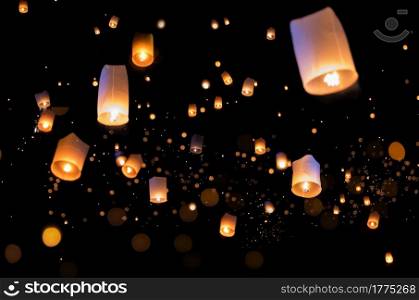 Loy krathong and Yi Peng Festival filled sky with lantern in Chiang Mai Thailand.. Yi Peng Festival