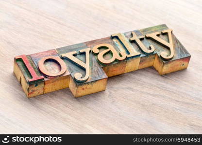 loyalty word abstract in letterpress wood type printing blocks stained by color inks