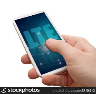 LTE Mobile Internet - Man&rsquo;s Hand With Smartphone With LTE Sign on Display - Isolated on White with clipping path