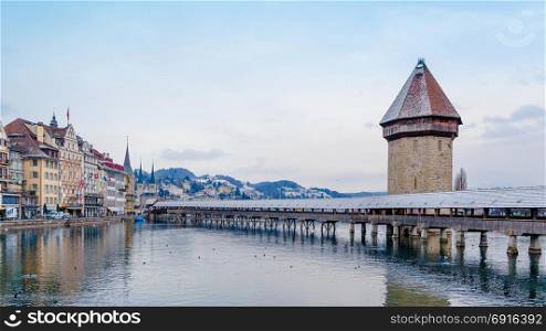 Lucerne, Switzerland - January 15, 2013: Historic city center of Lucerne with Famous Chapel bridge and Lake Lucerne
