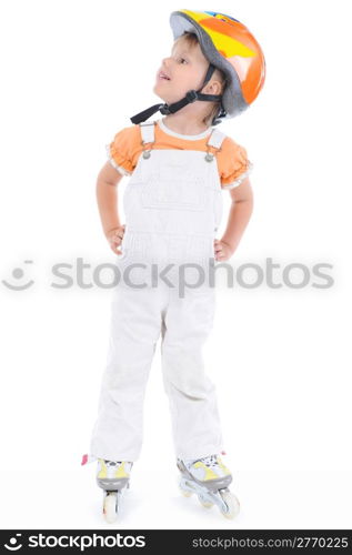 Lucky girl on roller skates. Isolated on white background