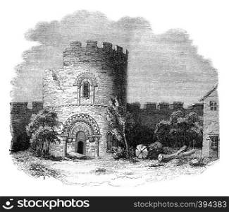 Ludlow castle ruins, Earl of Salop, vintage engraved illustration. Colorful History of England, 1837.