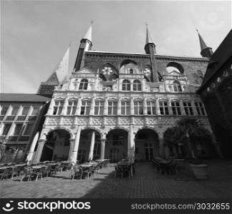 Luebeck Rathaus city hall bw. Luebeck Rathaus (city hall) in Luebeck, Germany in black and white