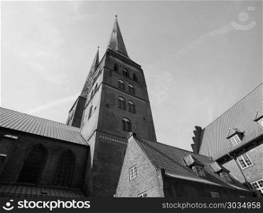 Luebecker Dom in Luebeck bw. Luebecker Dom cathedral church in Luebeck, Germany in black and white