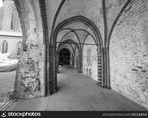 Luebecker Dom in Luebeck bw. Luebecker Dom cathedral church in Luebeck, Germany in black and white