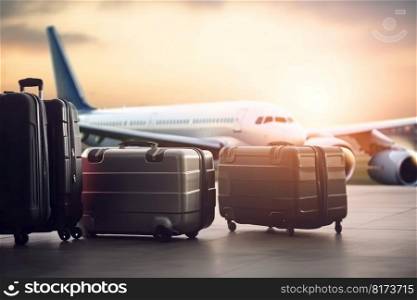 Luggage at the airport with planes. Holiday transport. Generate Ai. Luggage at the airport with planes. Holiday transport