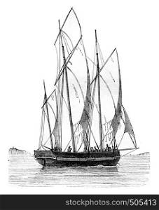 Lugger broad reach, seen by the starboard quarter, vintage engraved illustration. Magasin Pittoresque 1842.