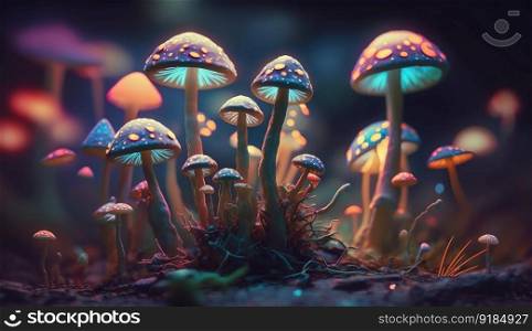 Luminous Colorful Mushrooms in a Psychedelic Space Fantasy. Generative ai