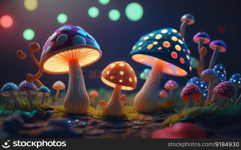 Luminous Colorful Mushrooms in a Psychedelic Space Fantasy. Generative ai