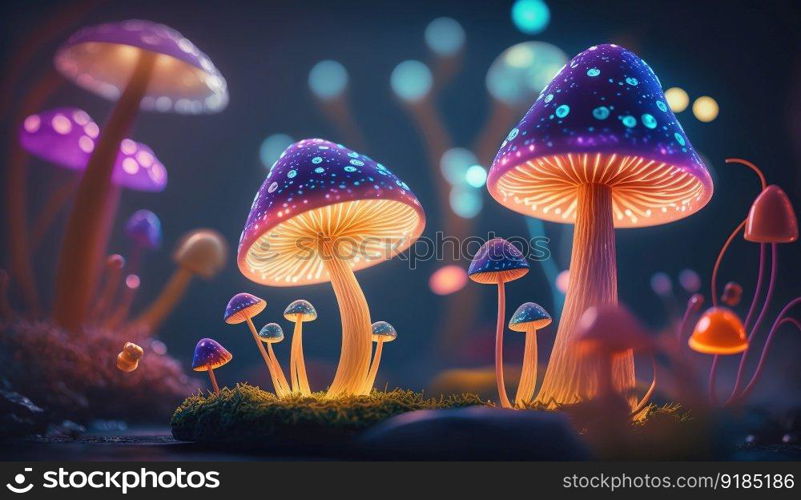 Luminous Colorful Mushrooms in a Psychedelic Space Fantasy. Generative ai