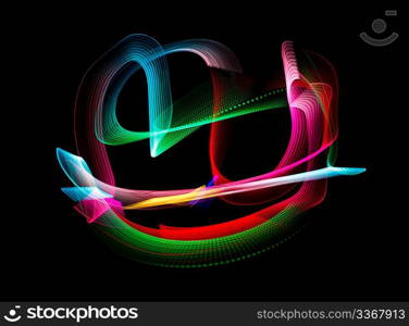 Luminous colors of rainbow trail, on black background. Isolated.