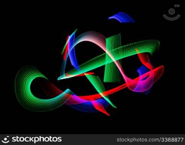 Luminous colors of rainbow trail, on black background. Isolated.
