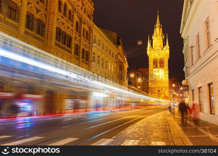 Luminous track from the tram near Jindrisska Tower in Old Town of Prague, Czech Republic
