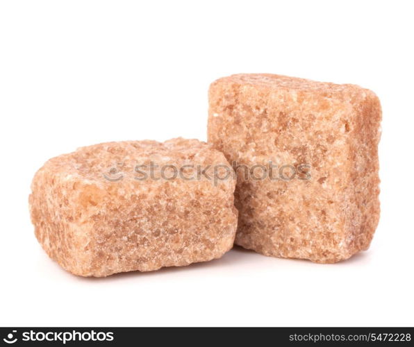 Lump brown cane sugar cubes isolated on white background