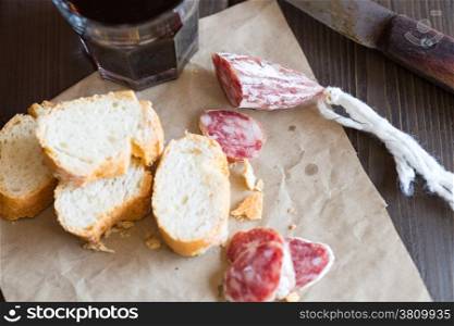 Lunch at the farmhouse with salami and bread